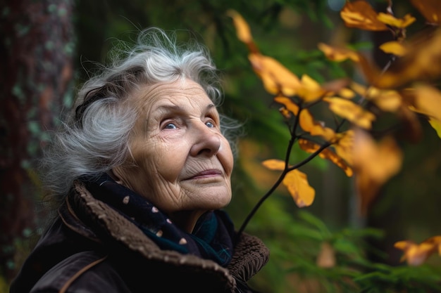 Foto portret van een oudere vrouw in close-up in de herfst op straat