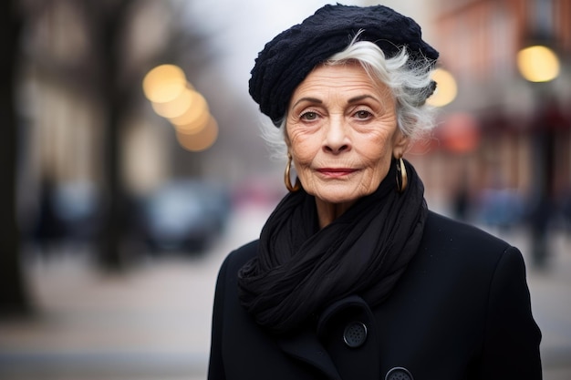 Portret van een oudere vrouw in een zwarte jas en hoed op een stadsstraat