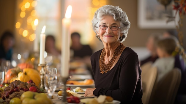 Portret van een oudere vrouw tijdens het Thanksgiving-diner met haar familie