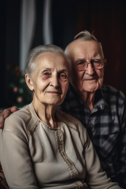 Portret van een ouderenpaar dat samen thuis ontspant, gemaakt met generatieve AI