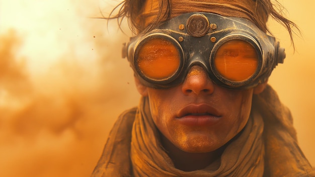 portret van een overlevende in een bril in steampunk stijl in een stoffige woestijn in een postapocalyptische wereld na een nucleaire oorlog