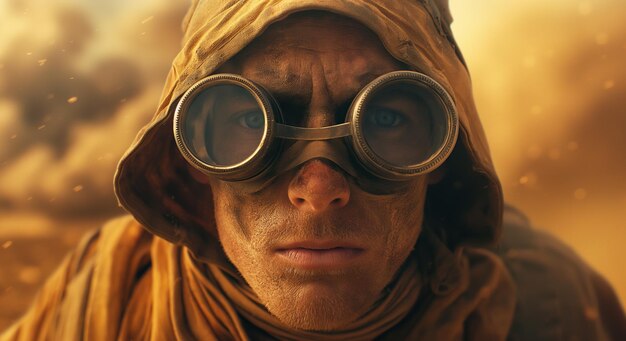 portret van een overlevende mannelijke soldaat krijger in een bril in steampunk stijl in een stoffige woestijn in een post-apocalyptische wereld na een nucleaire oorlog