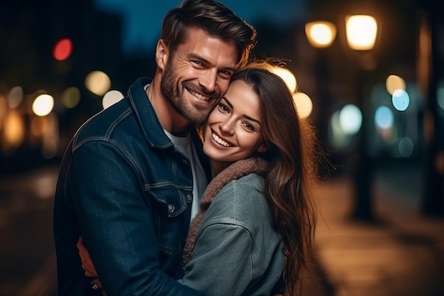 Portret van een paar man en vrouw knuffelen terwijl ze glimlachen