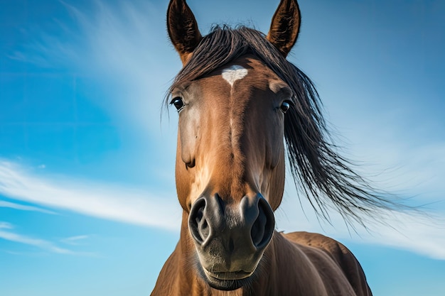 Portret van een paard een huisdier in een veld en de snuit van een paard tegen een blauwe lucht