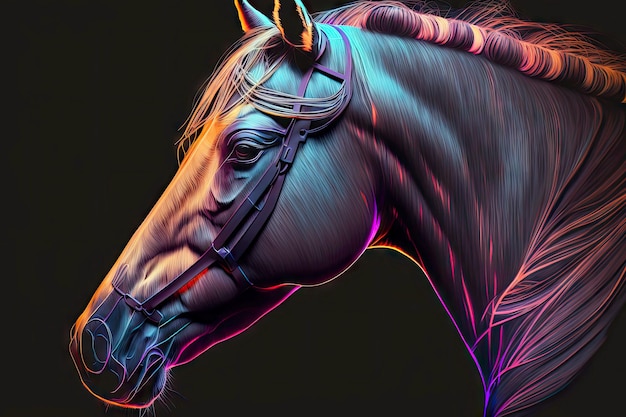 Portret van een paard in neonkleuren op een donkere achtergrond generatieve ai