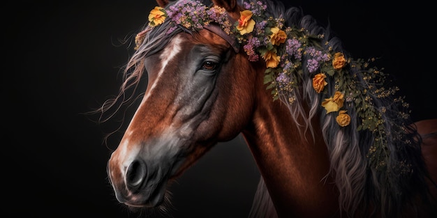Portret van een paard met bloemen in de manen Generatieve AI
