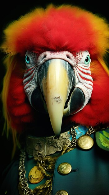Portret van een papegaai in een militair uniform Geklede ara AI generatief