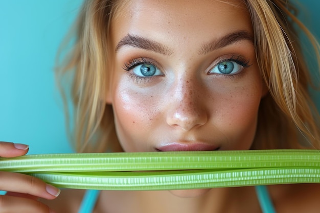 Portret van een persoon met een selderijstok op dieet en gezond eten