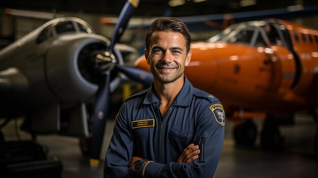 Foto portret van een piloot die in een hangar staat en in de camera staart