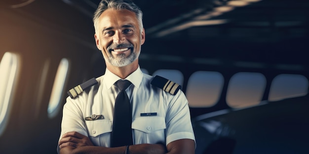 Foto portret van een piloot die in een vliegtuig staat met zijn armen gevouwen generatieve ai