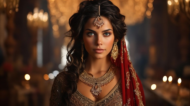 Portret van een prachtige jonge Indiase bruid versierd met kostbare sieraden en een weelderige jurk Generatieve AI