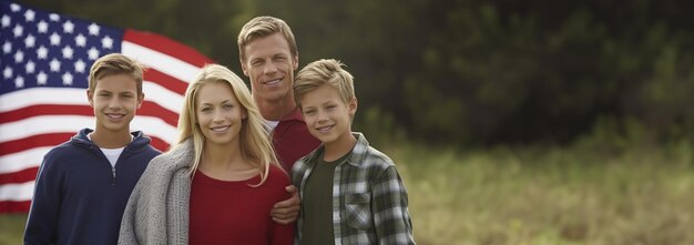 portret van een prachtige moderne trotse blonde Amerikaanse familie met de vlag van de VS buiten Vlag van Amerika