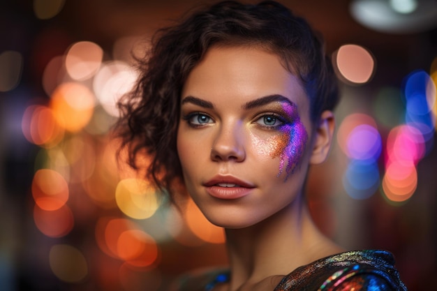 Portret van een prachtige vrouw in metallic make-up met een levendige en kleurrijke bokeh-achtergrond