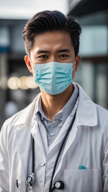 Portret van een professionele Aziatische arts in een operatiepak met chirurgisch gezichtsmasker en stethoscoop