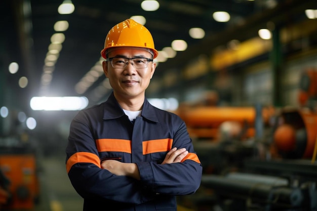 portret van een professionele Aziatische zware industrie ingenieur werknemer draagt veiligheid uniform bril en
