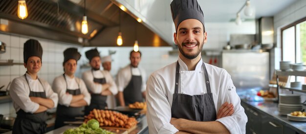 Portret van een professionele chef-kok die met zijn team in een keuken staat op de achtergrond van een restaurant