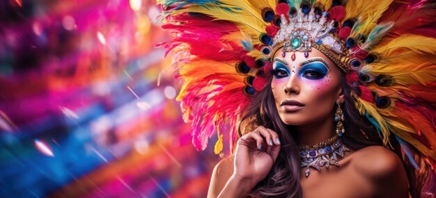 Portret van een professionele danseres in een kleurrijk, weelderig carnavalsveerpak