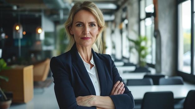 Portret van een professionele vrouw in een pak die in een modern kantoor staat