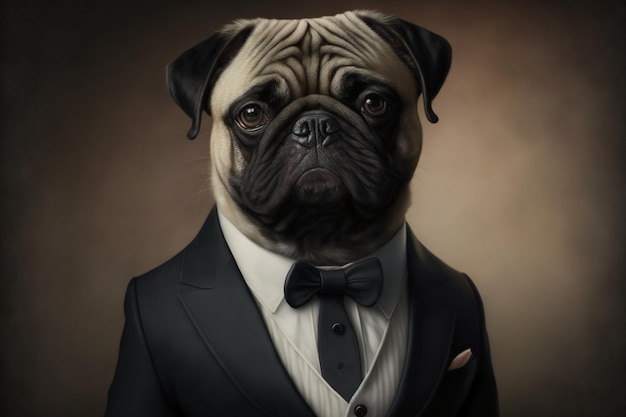Portret van een pug hond gekleed in een formele zakelijke sui