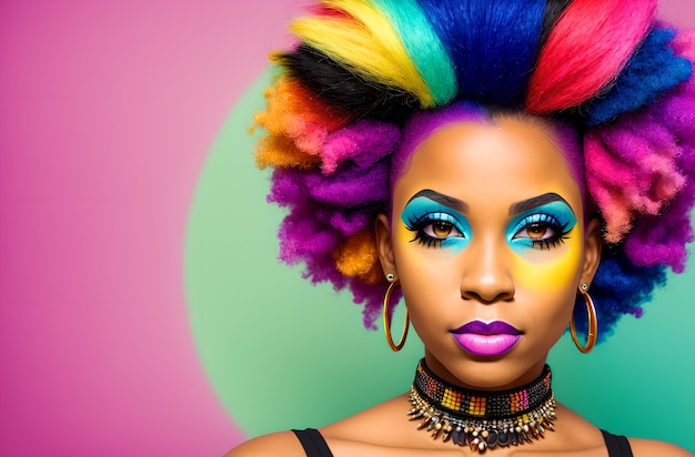 Portret van een punk Afrikaans Amerikaans meisje met lichte make-up en kleurrijk haar Generatieve AI