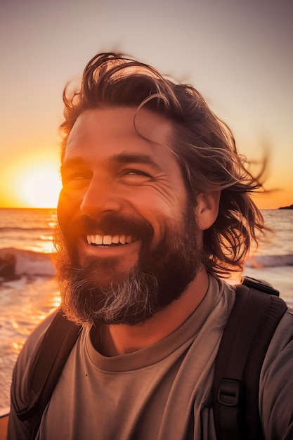 Portret van een reiziger die met een rugzak op de kust loopt met de oceaan en de zonsondergang op de achtergrond Gelukkige mannelijke mensen glimlachen en genieten van de natuur zee in de buitenlucht vrijetijdsactiviteit op reisbestemming alleen