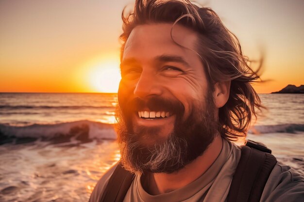 Portret van een reiziger die met een rugzak op de kust loopt met de oceaan en de zonsondergang op de achtergrond Gelukkige mannelijke mensen glimlachen en genieten van de natuur zee in de buitenlucht vrijetijdsactiviteit op reisbestemming alleen