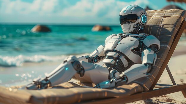 Portret van een robot die op een chaise longue aan de kust zit met een grote ruimte voor tekst of product Generatieve AI