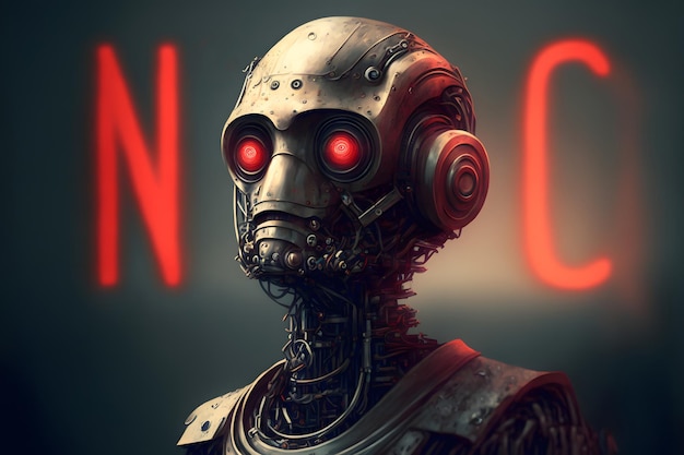 Portret van een robot met ogen die rood gloeien en de letters N en C op de achtergrond gegenereerd door het neurale netwerk