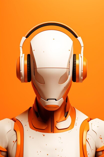 Portret van een robotcyborg die naar muziek luistert in een koptelefoon op een oranje achtergrond