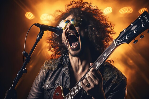 Foto portret van een rockzanger met een elektrische gitaar