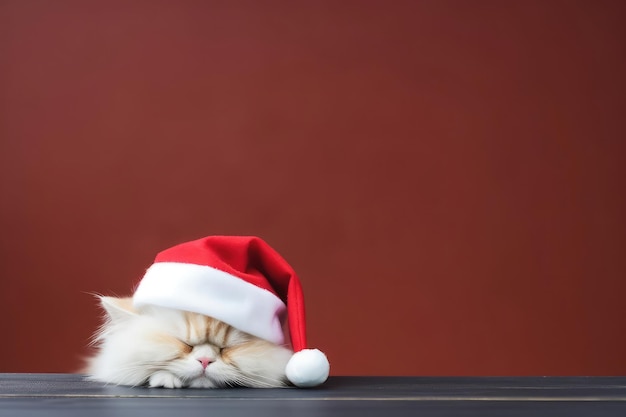 Portret van een rode pluizige Perzische kat in de hoed van de kerstman die op een houten bruine tafel in het donker slaapt