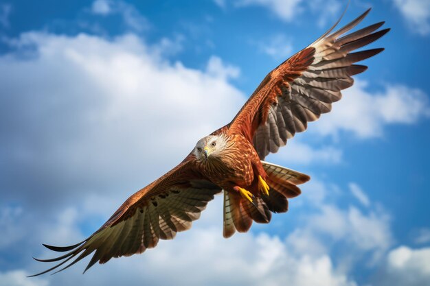 Portret van een rode vlieger milvus milvus met uitgestrekte vleugels die in de blauwe lucht vliegt