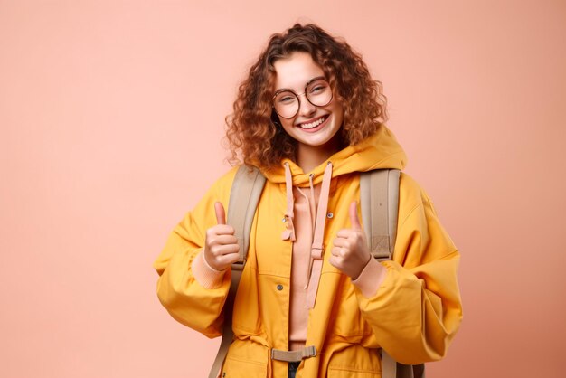 Portret van een roodharig meisje in een gele jas op een roze achtergrond Generatieve AI