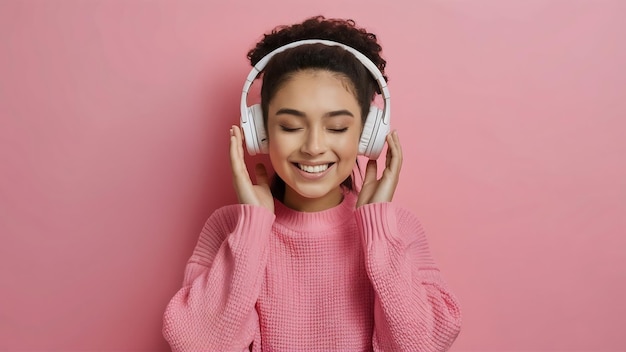 Portret van een rustig meisje dat naar een aangename melodie luistert in koptelefoon