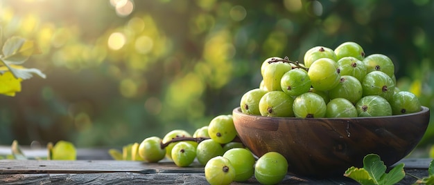 Portret van een schaal Amla-vruchten of Indiase kruisbessen op een houten tafel met een grote wazige natuur achtergrond ook gebruikt als een natuurlijke kruiden Generatieve AI