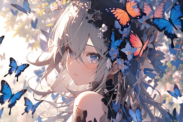 portret van een schattig anime meisje met wit haar omringd door een zwerm blauwe vlinders