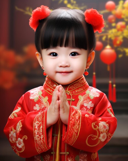 Foto portret van een schattig chinees kind met een felicitatiegeste gelukkig chinees nieuwjaar