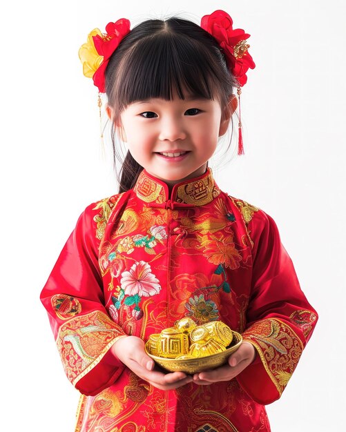 Portret van een schattig Chinees meisje met een rode zak met geld.