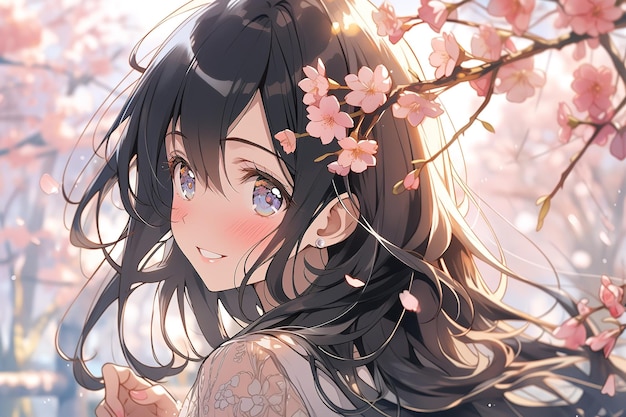 Portret van een schattig gelukkig anime meisje met zwart lang haar tussen roze sakura bloemen gegenereerd ai