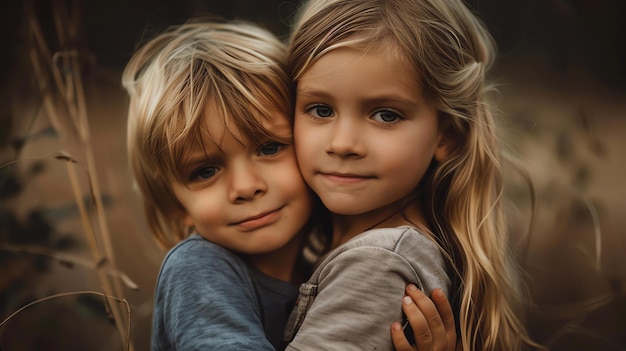 Portret van een schattig klein jongen en meisje met blond haar ze zijn broers en zussen de jongen draagt een blauw shirt en het meisje draagt een grijs shirt