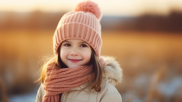 Portret van een schattig klein meisje in een gebreide muts op een gekleurde achtergrond