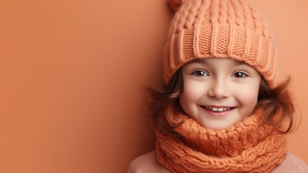 Portret van een schattig klein meisje in een gebreide muts op een gekleurde achtergrond