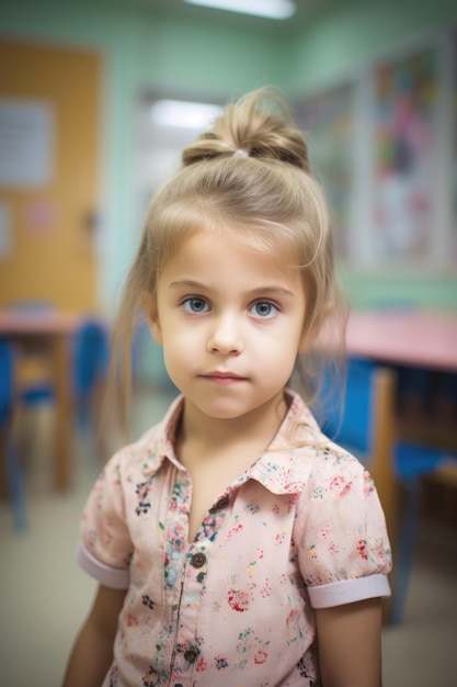 Portret van een schattig klein meisje in een klaslokaal gemaakt met generatieve AI