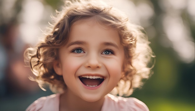 Portret van een schattig klein meisje met blond krullend haar en blauwe ogen