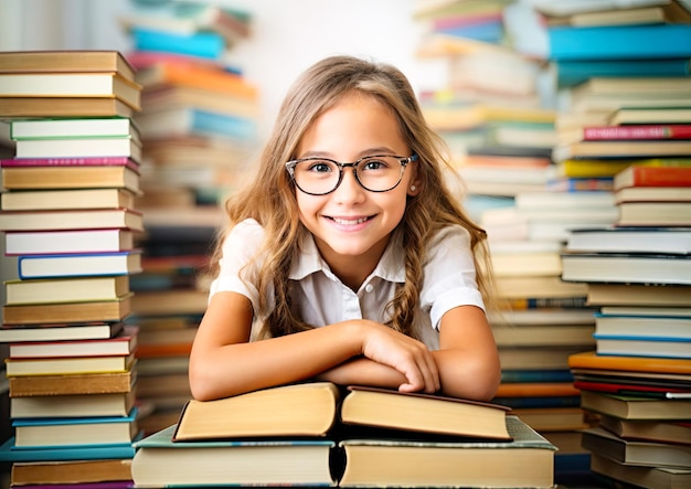 Portret van een schattig klein meisje met een bril dat op een stapel boeken zit