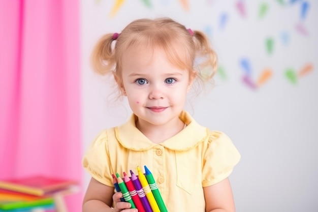 Portret van een schattig klein meisje met een potlood gemaakt met generatieve AI