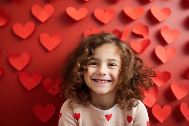 Portret van een schattig klein meisje met een rood hart op Valentijnsdag concept