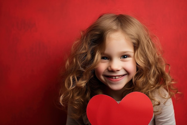 Portret van een schattig klein meisje met een rood hart op Valentijnsdag concept