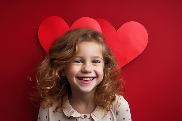 Portret van een schattig klein meisje met een rood hart op Valentijnsdag concept