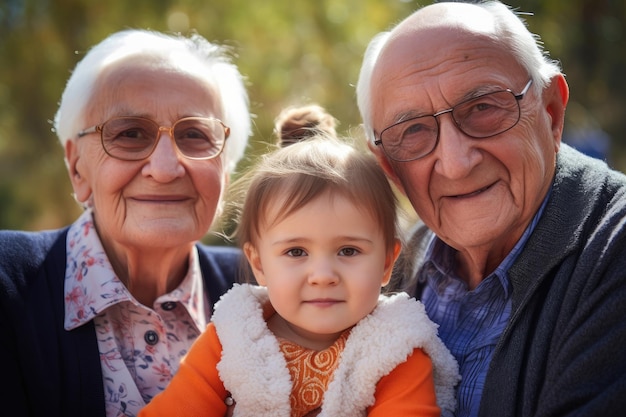 Portret van een schattig klein meisje met haar grootouders gemaakt met generatieve AI